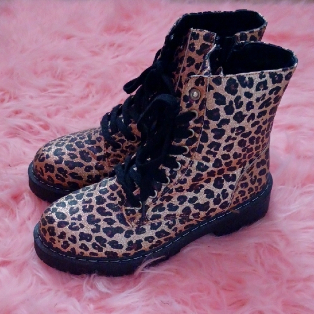 Leopard Print Glitter Lace-Up Combat Boots